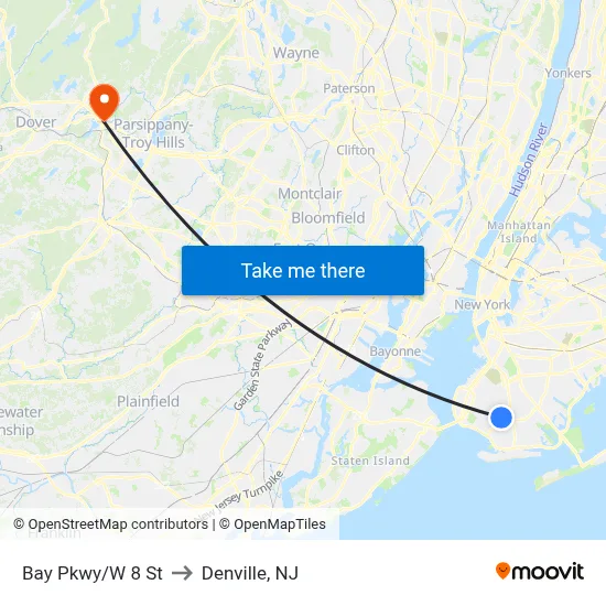 Bay Pkwy/W 8 St to Denville, NJ map