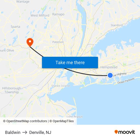 Baldwin to Denville, NJ map