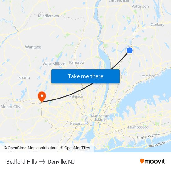 Bedford Hills to Denville, NJ map