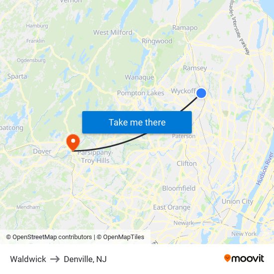 Waldwick to Denville, NJ map