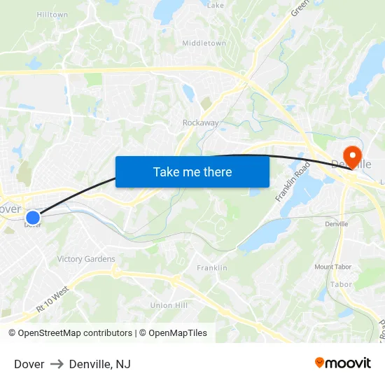 Dover to Denville, NJ map