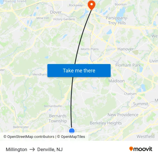 Millington to Denville, NJ map