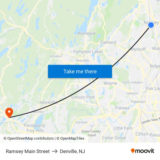 Ramsey Main Street to Denville, NJ map