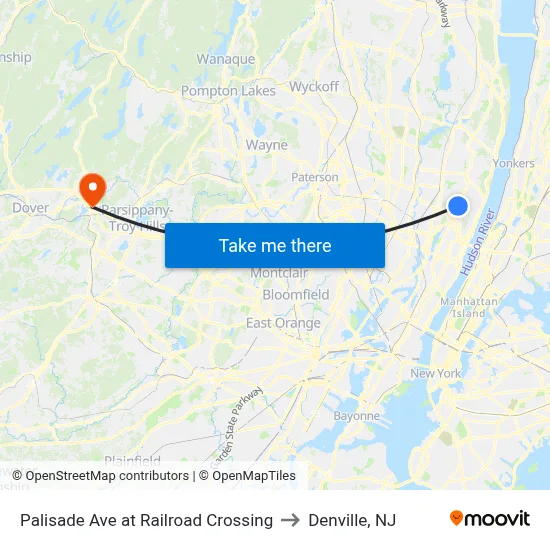 Palisade Ave at Railroad Crossing to Denville, NJ map