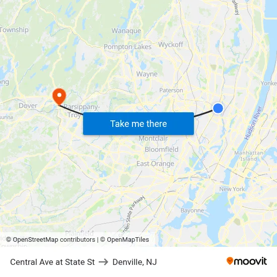 Central Ave at State St to Denville, NJ map