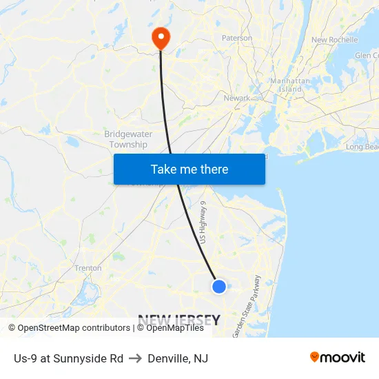 Us-9 at Sunnyside Rd to Denville, NJ map