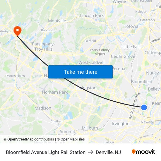 Bloomfield Avenue Light Rail Station to Denville, NJ map