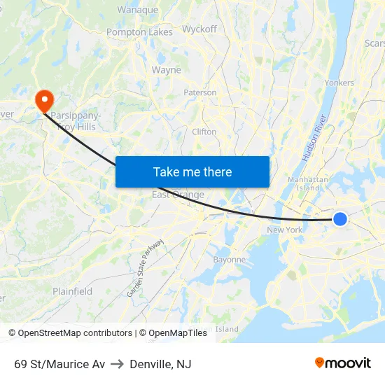 69 St/Maurice Av to Denville, NJ map
