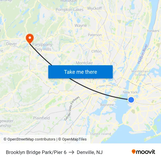 Brooklyn Bridge Park/Pier 6 to Denville, NJ map