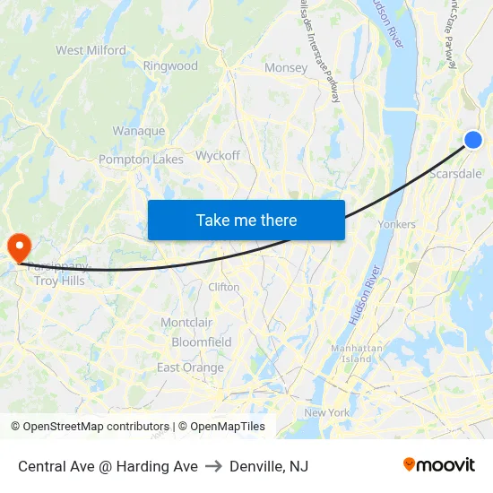 Central Ave @ Harding Ave to Denville, NJ map