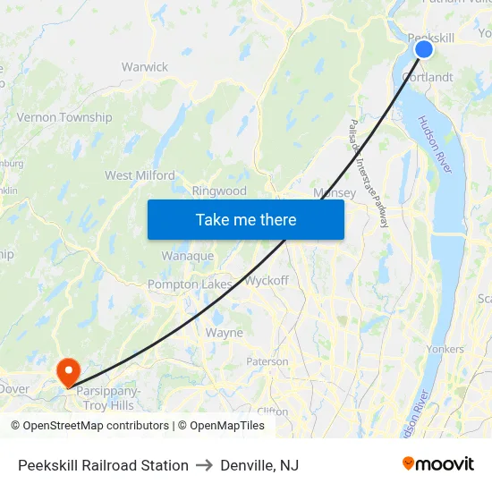 Peekskill Railroad Station to Denville, NJ map