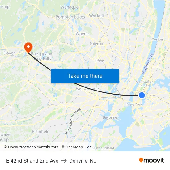 E 42nd St and 2nd Ave to Denville, NJ map