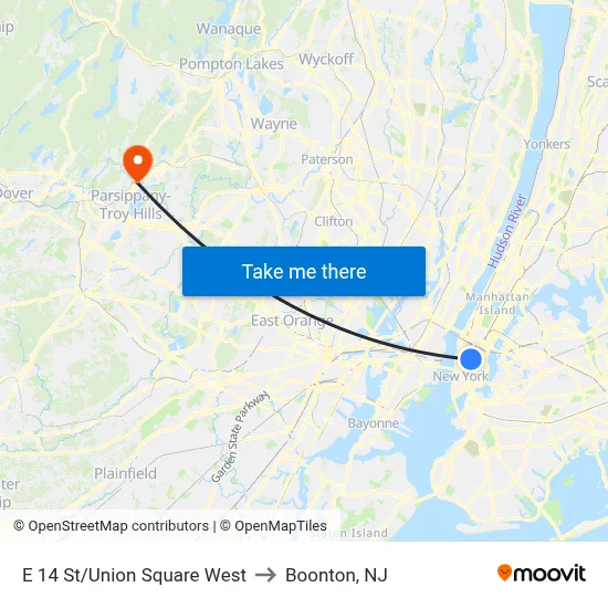 E 14 St/Union Square West to Boonton, NJ map