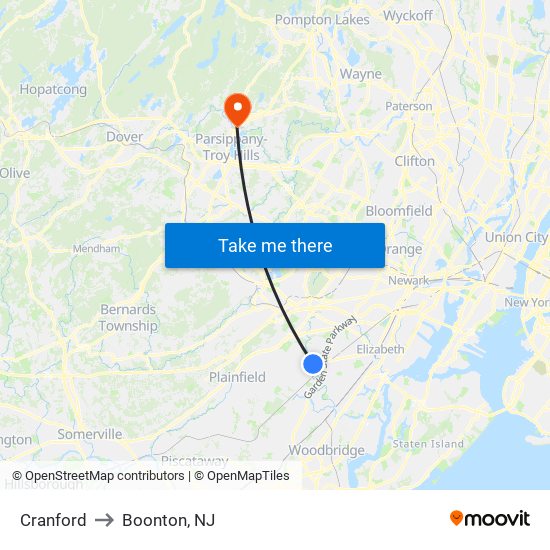 Cranford to Boonton, NJ map