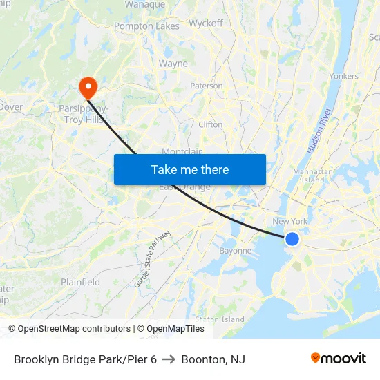 Brooklyn Bridge Park/Pier 6 to Boonton, NJ map