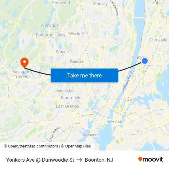 Yonkers Ave @ Dunwoodie St to Boonton, NJ map