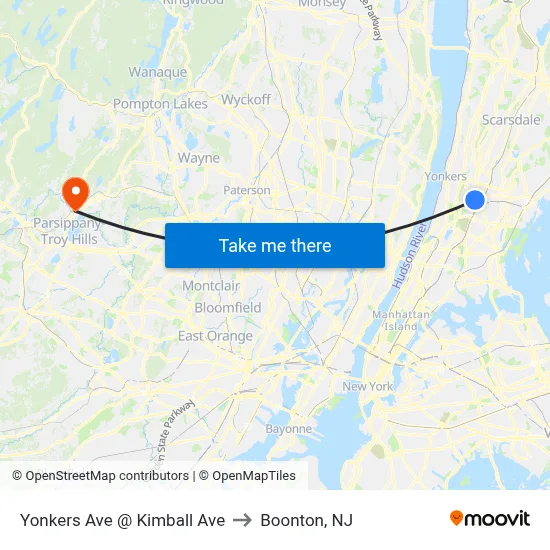 Yonkers Ave @ Kimball Ave to Boonton, NJ map