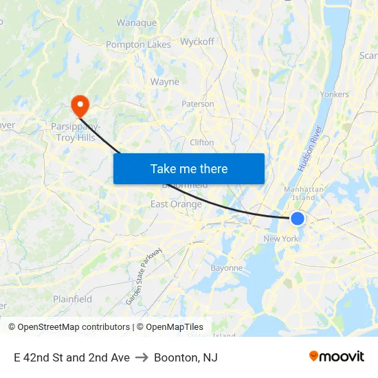 E 42nd St and 2nd Ave to Boonton, NJ map