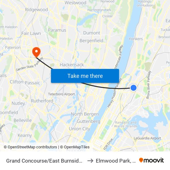 Grand Concourse/East Burnside Av to Elmwood Park, NJ map
