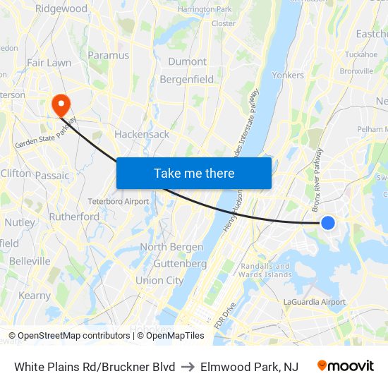 White Plains Rd/Bruckner Blvd to Elmwood Park, NJ map