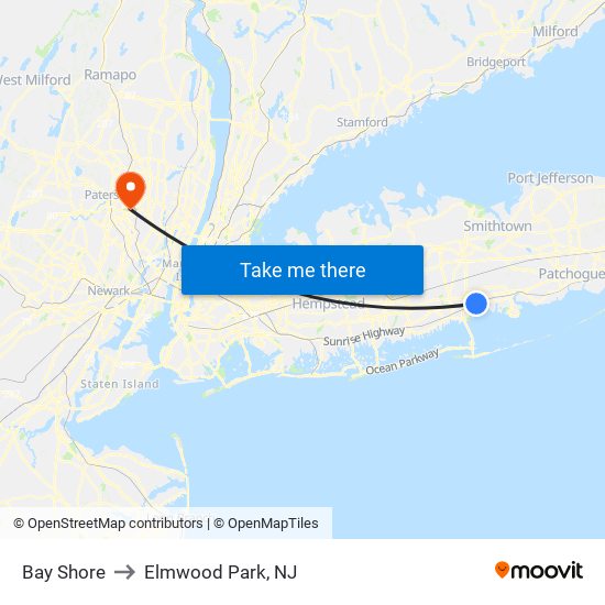Bay Shore to Elmwood Park, NJ map