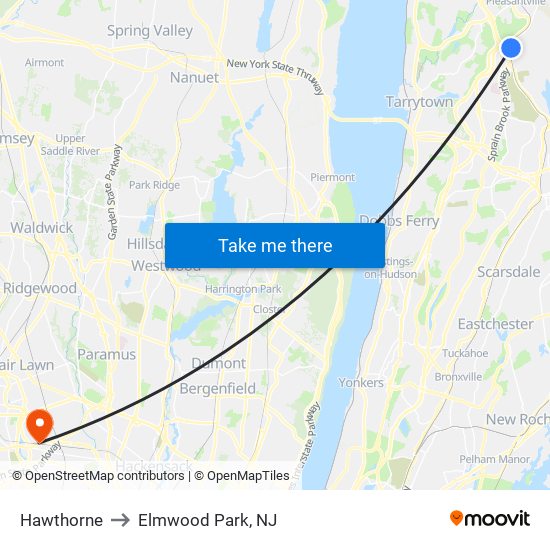 Hawthorne to Elmwood Park, NJ map