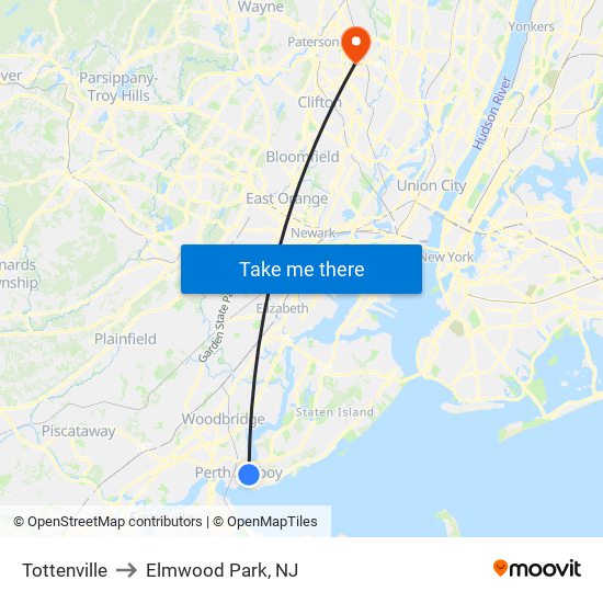 Tottenville to Elmwood Park, NJ map