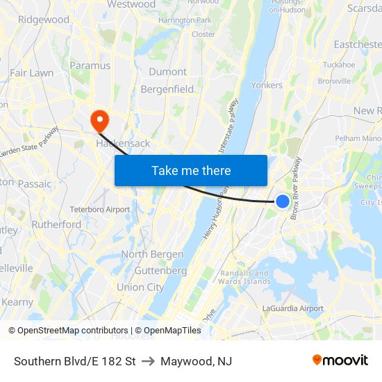 Southern Blvd/E 182 St to Maywood, NJ map