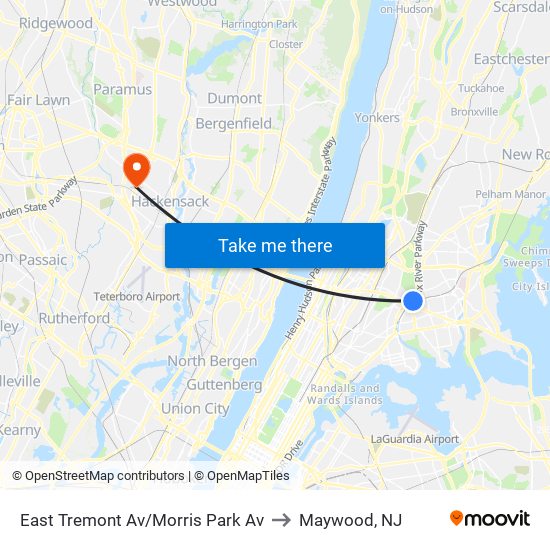 East Tremont Av/Morris Park Av to Maywood, NJ map