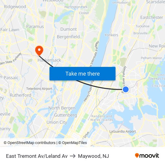 East Tremont Av/Leland Av to Maywood, NJ map