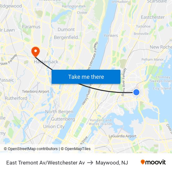 East Tremont Av/Westchester Av to Maywood, NJ map