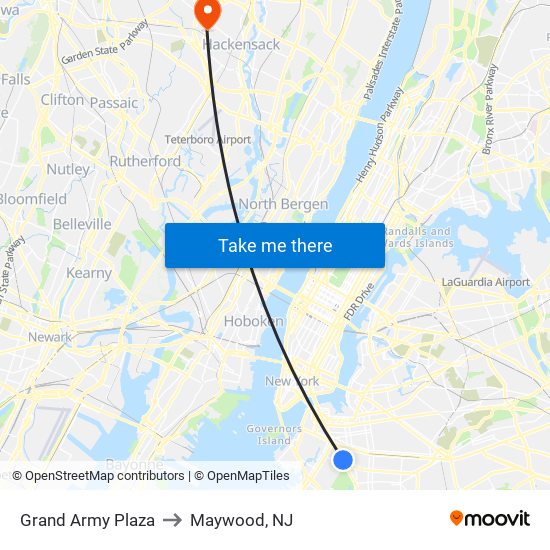 Grand Army Plaza to Maywood, NJ map