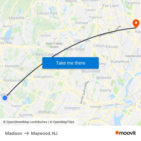 Madison to Maywood, NJ map