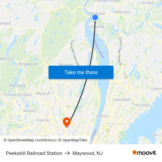 Peekskill Railroad Station to Maywood, NJ map