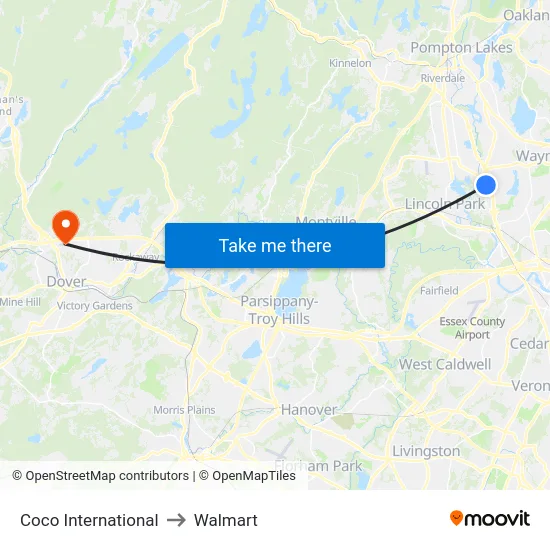 Coco International to Walmart map