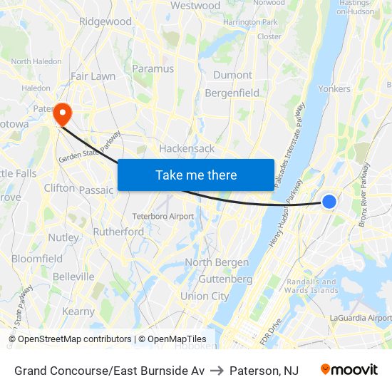 Grand Concourse/East Burnside Av to Paterson, NJ map