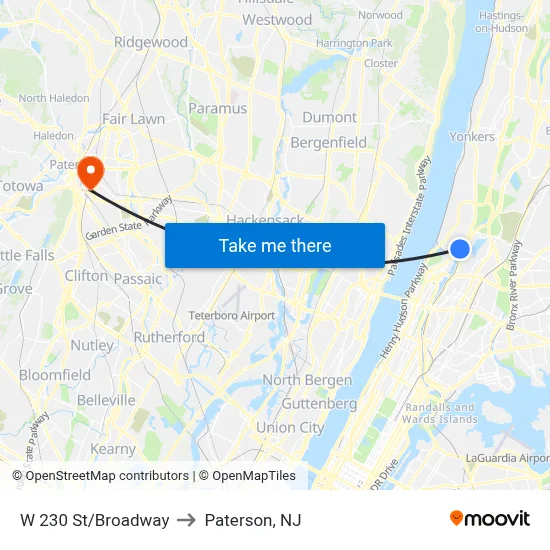 W 230 St/Broadway to Paterson, NJ map