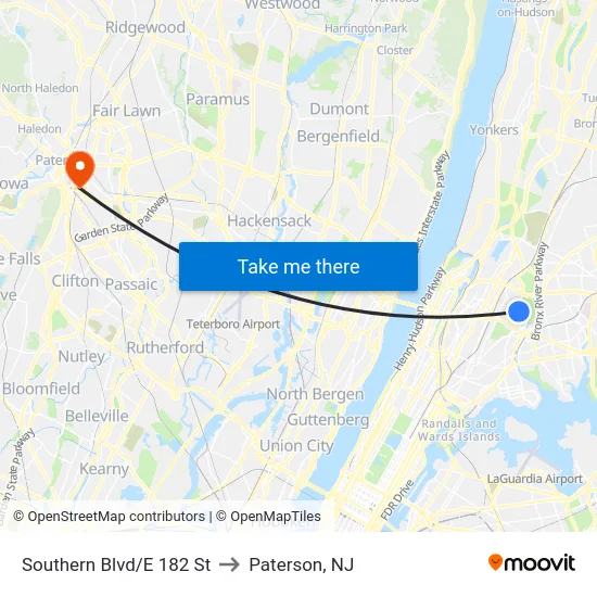Southern Blvd/E 182 St to Paterson, NJ map