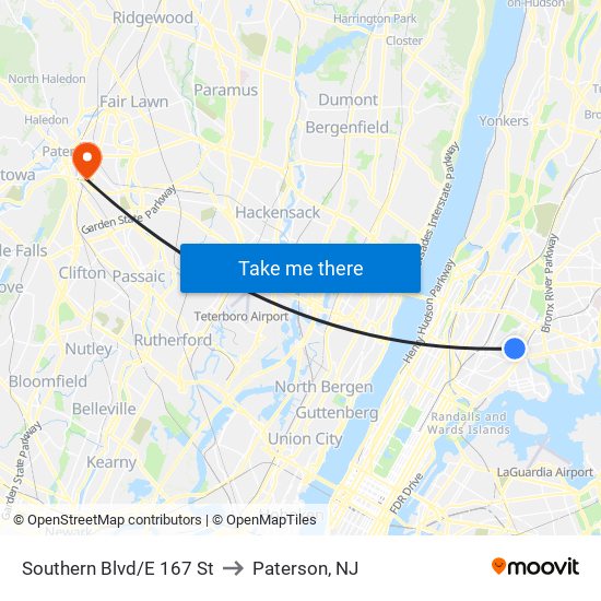 Southern Blvd/E 167 St to Paterson, NJ map