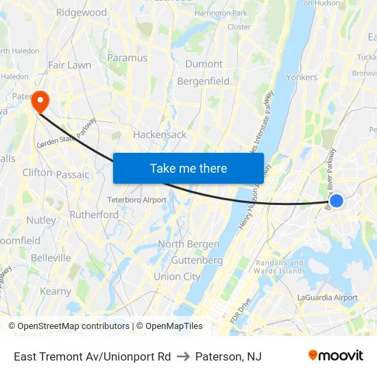East Tremont Av/Unionport Rd to Paterson, NJ map