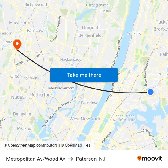 Metropolitan Av/Wood Av to Paterson, NJ map