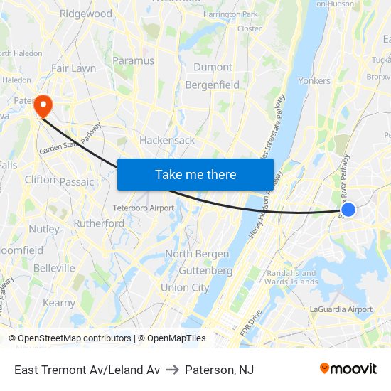 East Tremont Av/Leland Av to Paterson, NJ map