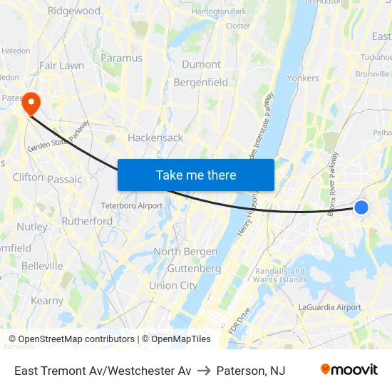 East Tremont Av/Westchester Av to Paterson, NJ map
