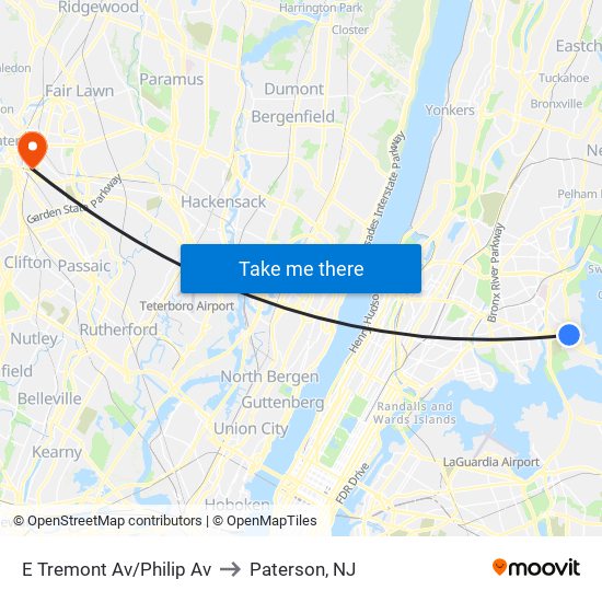 E Tremont Av/Philip Av to Paterson, NJ map