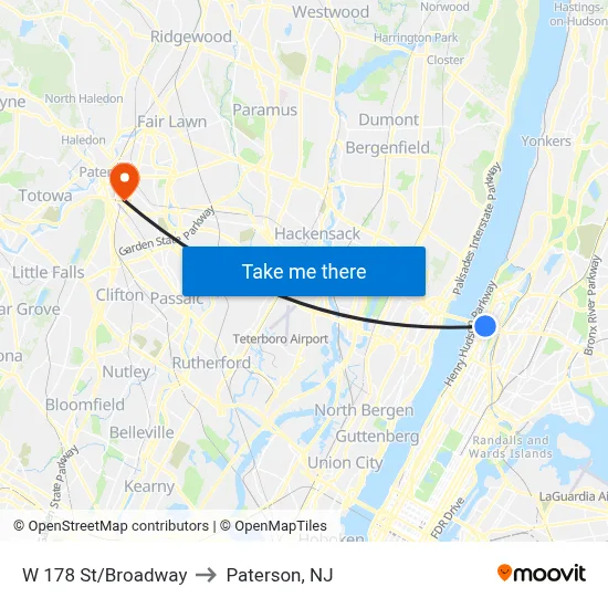 W 178 St/Broadway to Paterson, NJ map