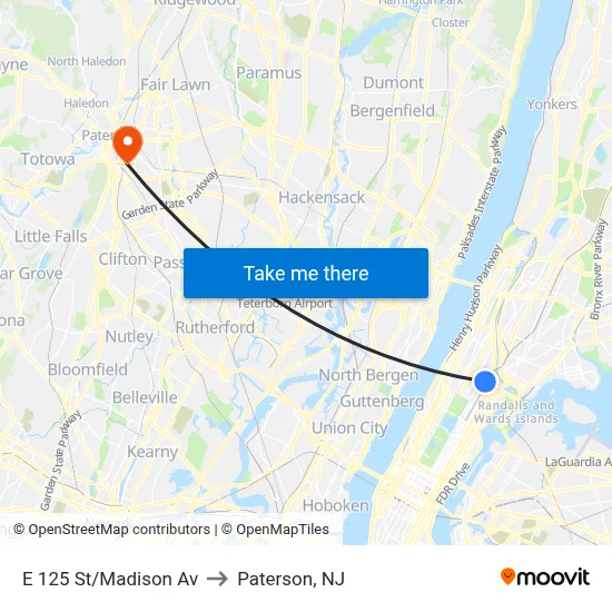 E 125 St/Madison Av to Paterson, NJ map