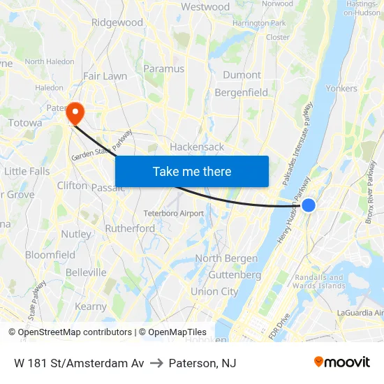 W 181 St/Amsterdam Av to Paterson, NJ map