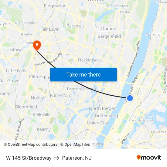 W 145 St/Broadway to Paterson, NJ map