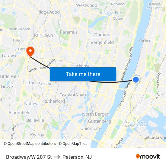 Broadway/W 207 St to Paterson, NJ map