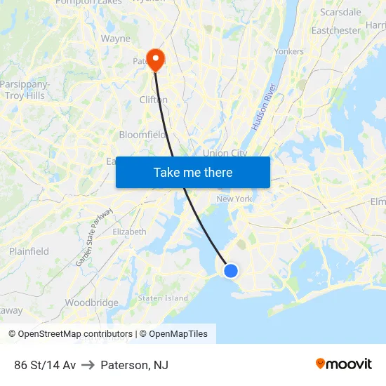 86 St/14 Av to Paterson, NJ map